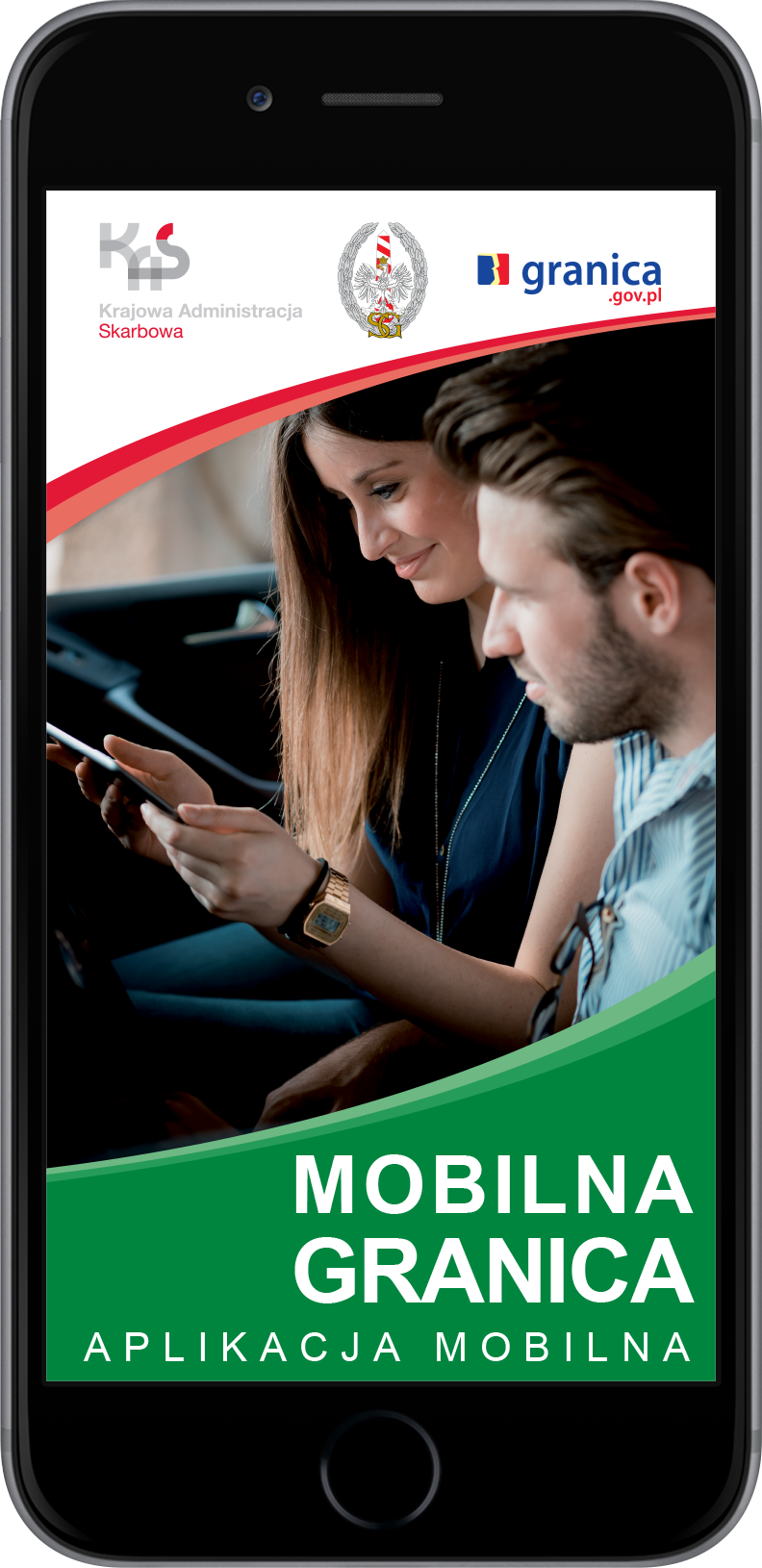 Zdjęcie promujące aplikację Mobilna Granica, na którym, wewnątrz samochodu, podróżni oglądają na tablecie aktualną sytuację na polskich przejściach drogowych.