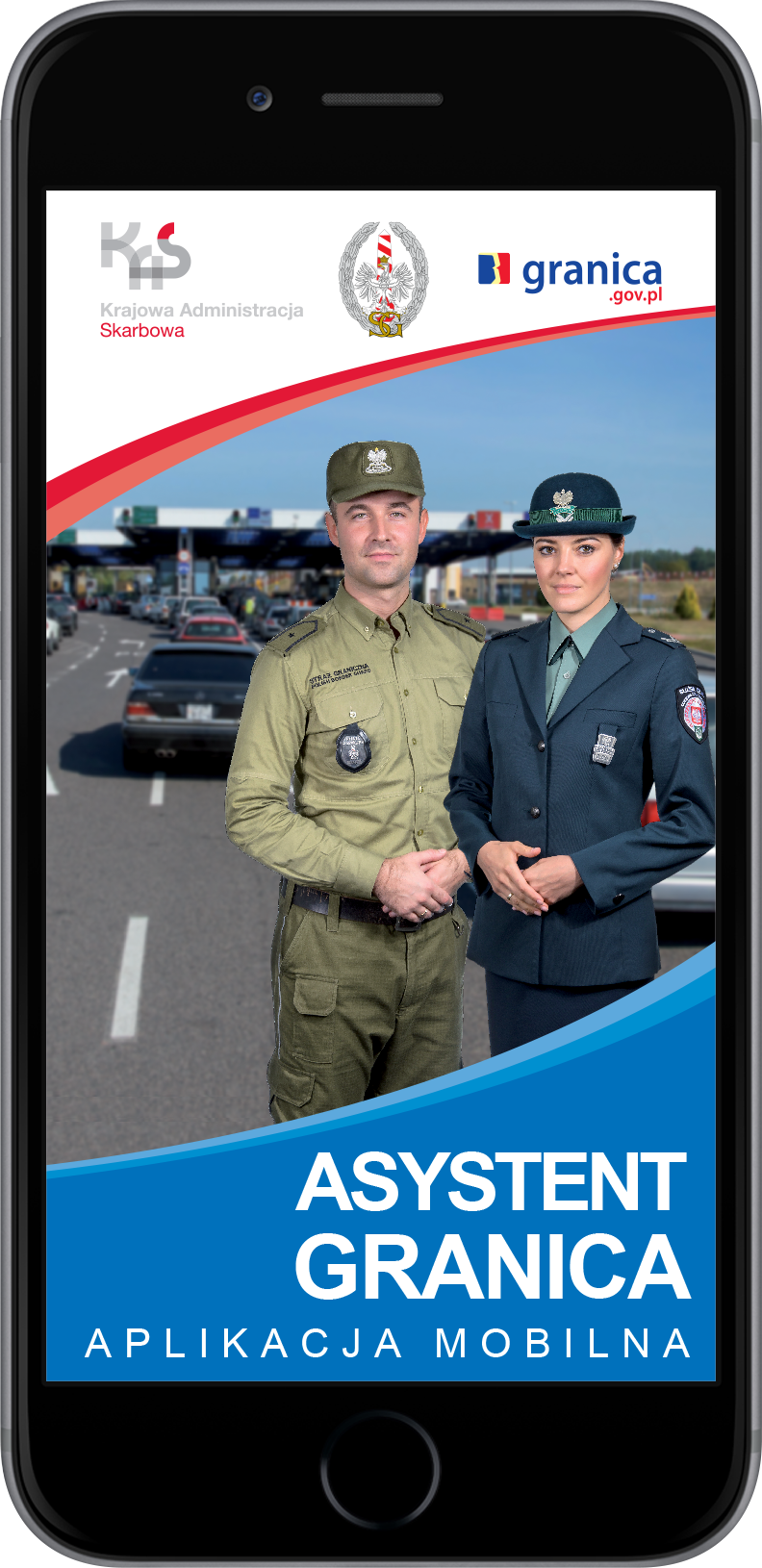 Zdjęcie promujące aplikację Asystent Granica, na którym znajdują się funkcjonariusze: Służby Celno-Skarbowej oraz Straży Granicznej na tle przejścia granicznego w kierunku wywozowym z Polski.